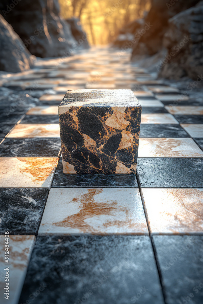 Poster artistic rendering of a geometric pattern with mixed-sized square tiles, creating a sense of movemen