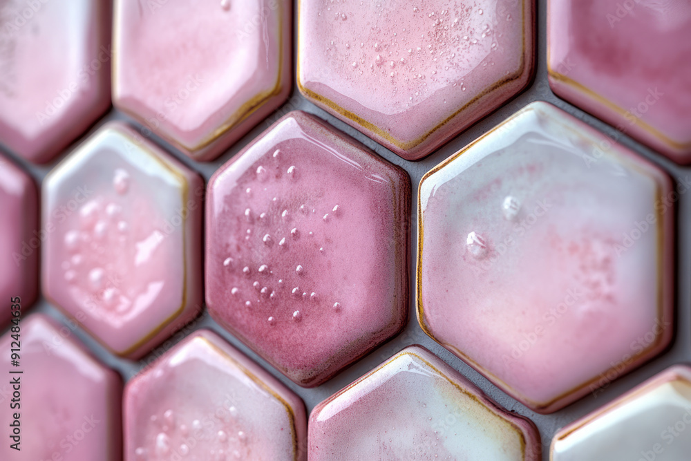 Poster clean and modern design of a geometric pattern with overlapping hexagonal tiles in soft pastel tones