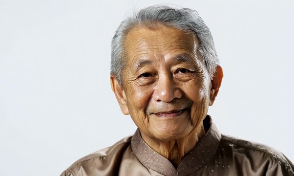 Medium shot portrait video of a Vietnamese man in his 80s against a white background