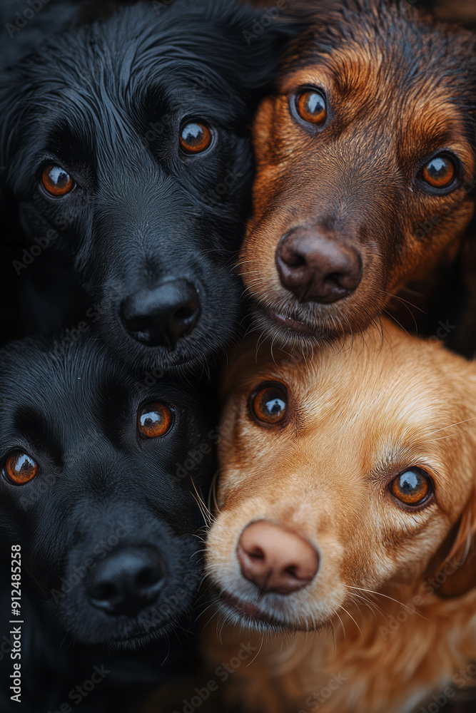 Poster macro view of four dogsâ€™ faces from above, all looking into the camera with joyful expressions and