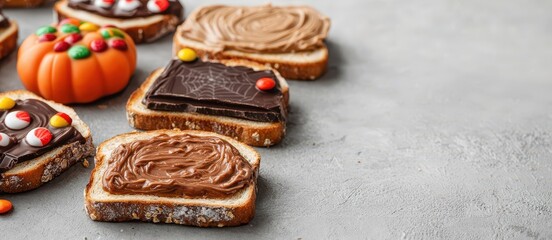 Artisan toast with Halloween-themed chocolate spreads and festive candy decorations