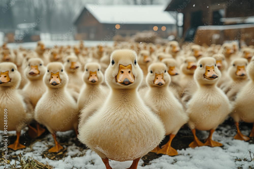 Poster a flock of ducks waddling through a farmyard, quacking happily and flapping their wings,