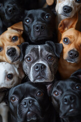 Obraz premium Close-up of a group of dogs, including a Bulldog, German Pointer, Shiba Inu, and Maltese, looking down into the camera,
