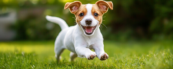 Happy funny pet dog running in the grass. Puppy hyperactivity banner background