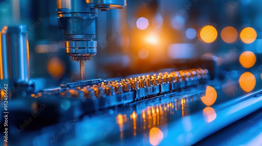 Poster automated assembly line with precision machinery symbolizing industrial production and modern techno