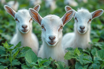Fototapeta premium A happy family of goats munching on fresh leaves, with a picturesque farm backdrop,