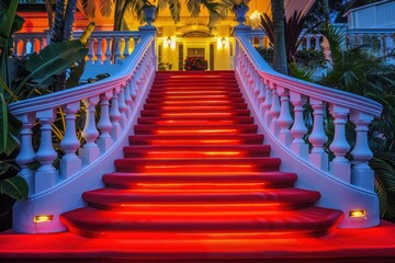 Vibrant red steps paired with a white railing and ambient lighting creating a bold, stylish look.