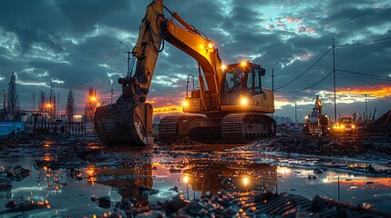 A photo of demolition workers operating machinery at night, with powerful construction lights illuminating the scene.