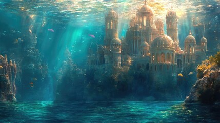 Serene and enchanting mermaid lagoon with crystal clear waters showcasing an underwater palace in a whimsical watercolor style evoking a sense of mystical and fantastical beauty