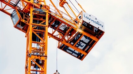 Tower crane lifting large signage for a commercial building, urban advertising Tall and powerful, precise and efficient, commercial construction