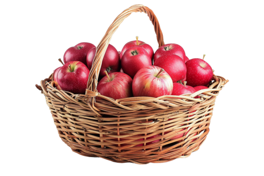 Freshly harvested apples in a basket isolated on clear white background from an orchard