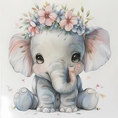 Cute Cartoon Baby Elephant Wearing Floral Crown.