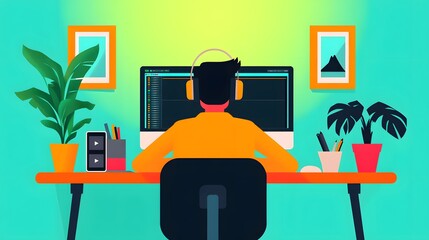 Fototapeta premium Modern Digital Creator Editing Videos and Graphics - Flat Design Illustration with Copy Space for Text