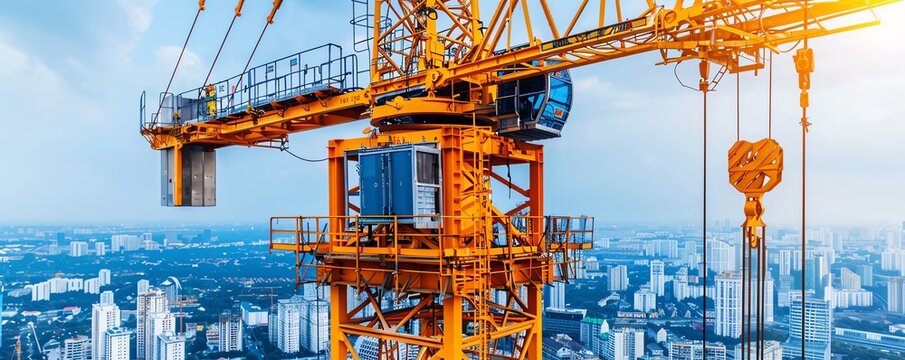 Tower crane lifting roof panels for a shopping mall, commercial construction Tall and powerful, precise and efficient, retail infrastructure