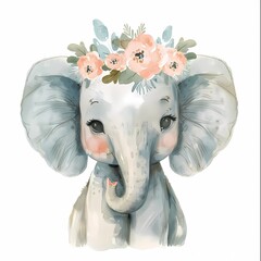 Cute Watercolor Elephant With Floral Crown.