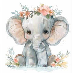 Cute Watercolor Elephant with Floral Crown.