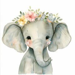Watercolor illustration of an elephant with a floral crown.