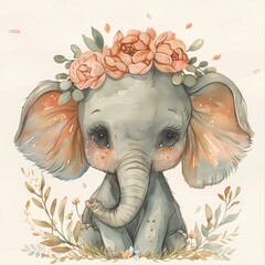 Cute Baby Elephant Wearing a Floral Crown.