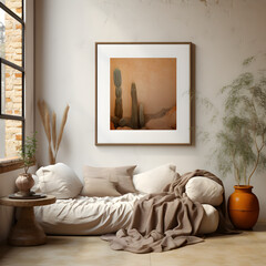 Cozy living room featuring a white blanket draped over a soft beige sofa, with cactus art on the wall and a warm, rustic ambiance created by natural textures and soft lighting