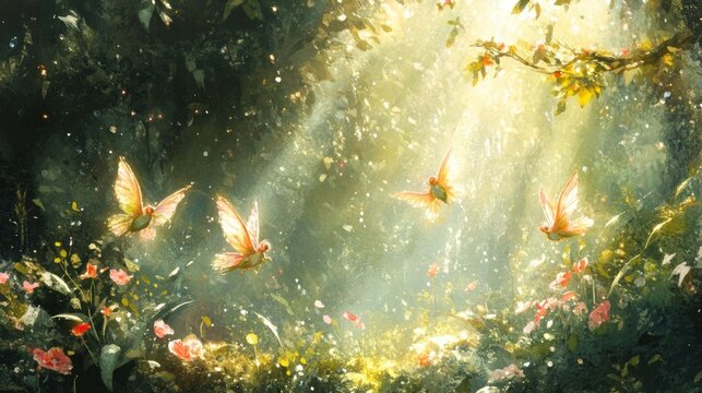 Playful pixies fluttering and dancing amongst lush vibrant spring foliage in a whimsical ethereal watercolor style painting  Enchanting mystical and full of imagination