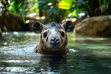 A friendly tapir wading through a crystal-clear stream, surrounded by lush vegetation,