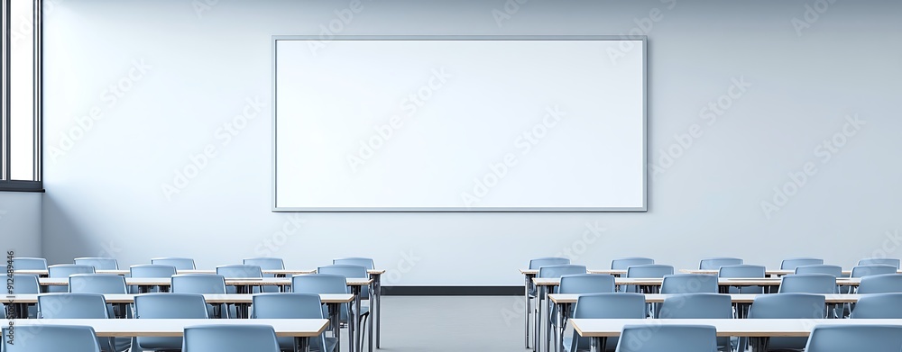 Poster empty classroom with a blank whiteboard, copy space, more clarity with clear light and sharp focus, 
