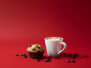 Cozy Morning Coffee Cup and Muffin on Red Background
