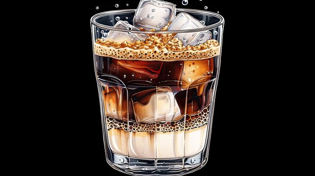 Pen hand-drawn, simple style, ice latte in a transparent glass, ice cubes floating on top. The upper layer is coffee, the bottom layer is milk. 