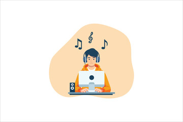 Young man with desktop computer listening music wearing headphones