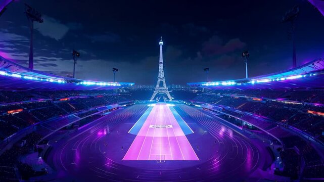 The long purple curved stadium runway with the Eiffel Tower in the background