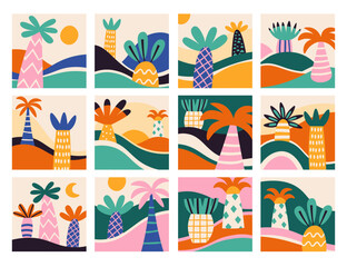 Abstract tropical palm trees design exotic nature beach landscape pattern isolated travel set