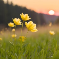 Obraz premium Abstract soft focus sunset field landscape of yellow flowers and grass meadow warm golden hour sunset sunrise time. Tranquil spring summer nature closeup and blurred forest background. Idyllic nature 