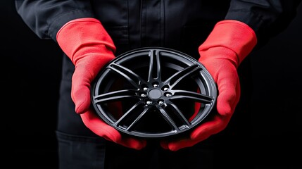 Obraz premium Expert Mechanic Holding Black Alloy Wheel With Red Gloves in Studio Setting