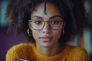 A content office worker holding a motivational book against a cheerful purple background,