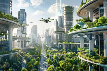 Fototapeta premium Futuristic future city with flying taxi drone, aerial view of flying drone