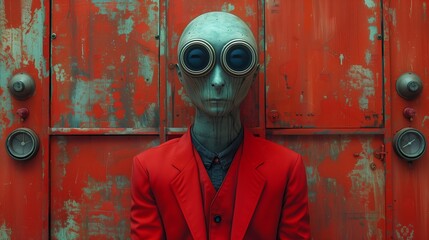 A Surreal Character Dressed in Red Suit Sitting Against an Orange Background