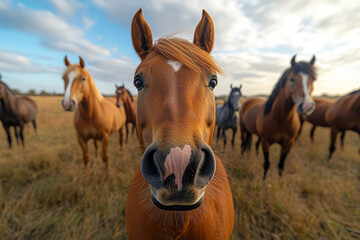 Obraz premium Close-up of a group of horses, including an Arabian, Thoroughbred, Quarter Horse, and Clydesdale, capturing a fun selfie moment,