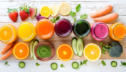Selection of vegetable juices and ingredients, wood board, white wood background