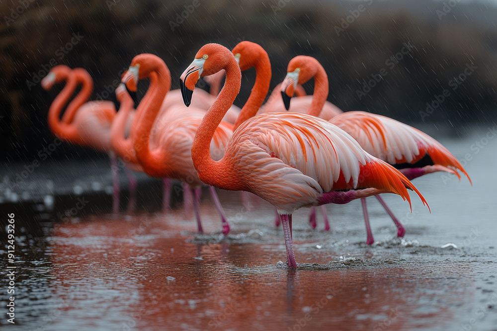 Poster a flock of flamingos wading through a shallow lagoon, their pink feathers glowing,