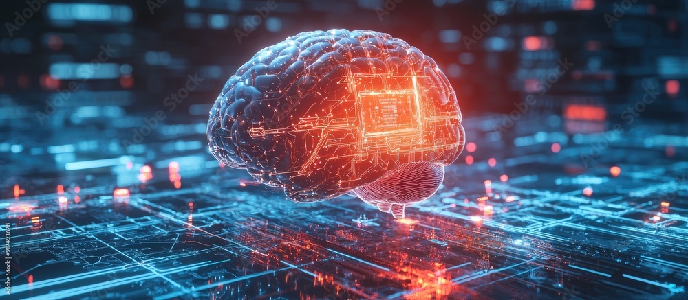 Poster holographic brain interface representing artificial intelligence and deep learning technologies busi