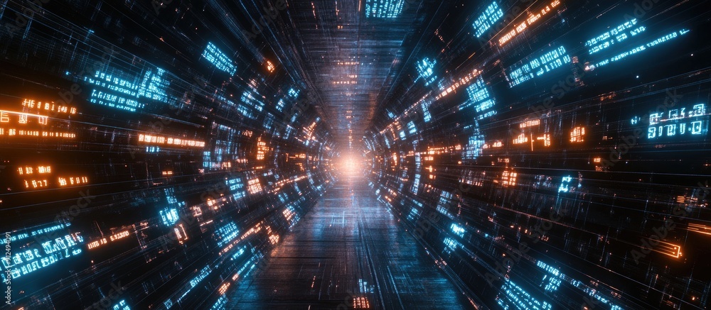 Poster futuristic metaverse concept featuring high tech digital data telemetry with encrypted numbers and a