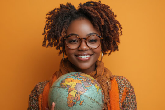 A delighted school teacher holding a globe against a solid orange background, symbolizing their passion for geography,