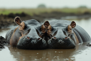 Fototapeta premium A pair of hippos lounging in a muddy waterhole, feeling cool and relaxed,