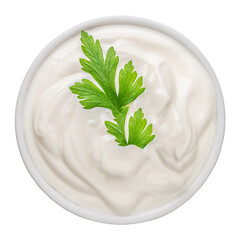  Bowl of sour cream dip sauce with herbs isolated on white background. Fresh  sauce or greek yogurt tzatziki with parsley top view