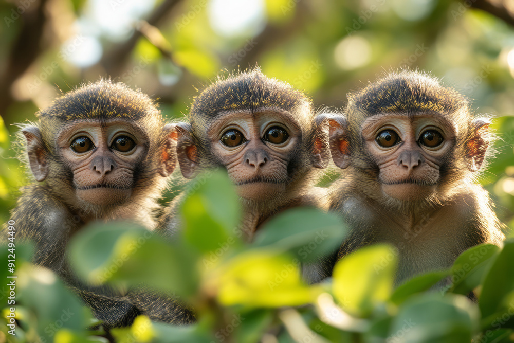 Poster a troop of monkeys swinging through the trees, their calls echoing across the savannah,