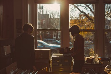 a couple arranging furniture in their new apartment with moving boxes 