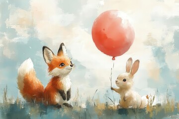 dreamy watercolor illustration fox and rabbit floating with balloons against soft pastel sky whimsical ethereal atmosphere with delicate brushstrokes