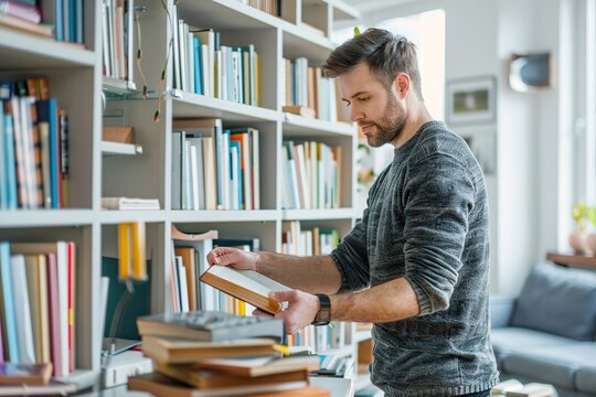man unpacking books with a newly rented apartment in the background