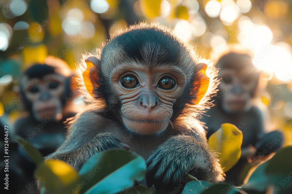 Poster a troop of monkeys swinging through the trees, their calls echoing across the savannah,