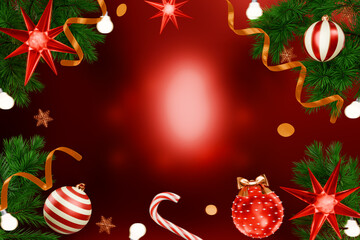 Festive Christmas decorations with ornaments, candy cane and fir tree branch on a red background. 3d rendering